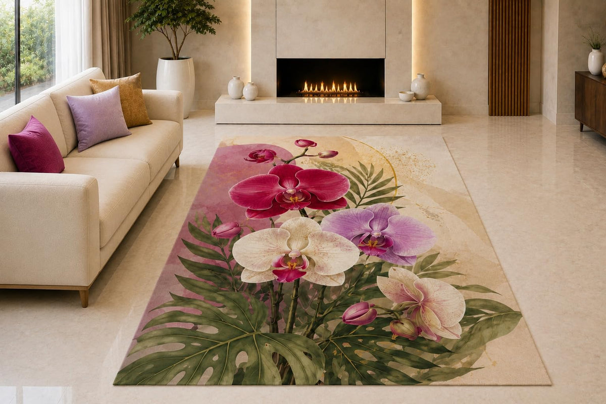 ICE ARMOR "Ultra Light Weight 5' x 7' Tropical Orchids Area Rug for Living Room, Bedroom and Home Office, Soft Low Pile Carpet with Non-Slip Silicone Backing, Purple and Green