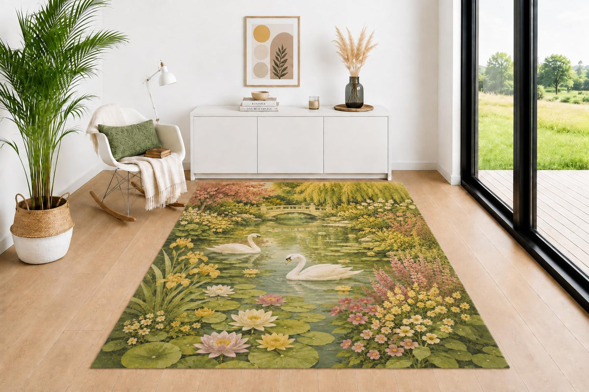 ICE ARMOR 5' x 7' Swan Lily Pond Area Rug for Living Room, Soft Low Pile Indoor Rug with Non-Slip Backing, Water Garden Carpet for Bedroom, Dining Room, Office, Green Pink