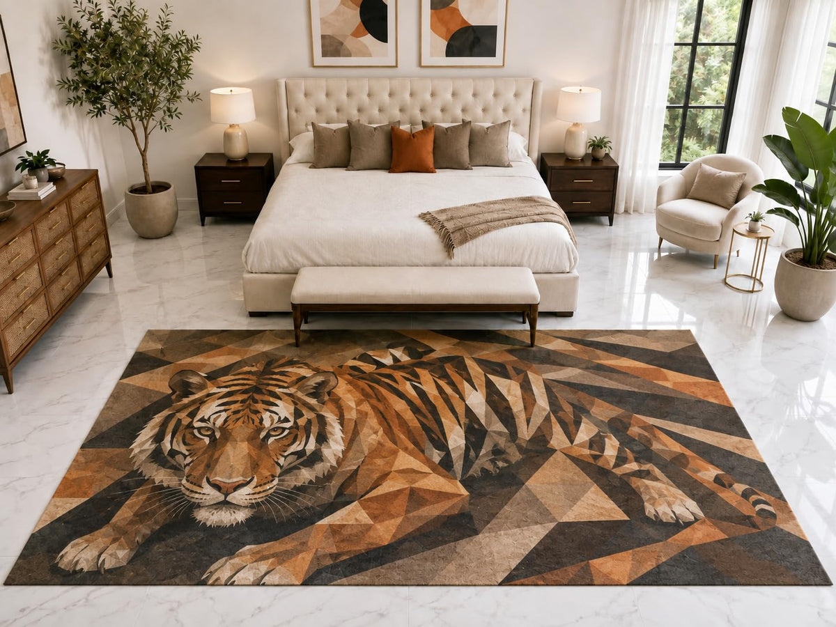ICE ARMOR "Ultra Light Weight Large 6'7" x 9'10" Geometric Tiger Rug, Soft Low Pile Indoor Rug, Non-Slip Silicone Backing for Family Room Orange Brown