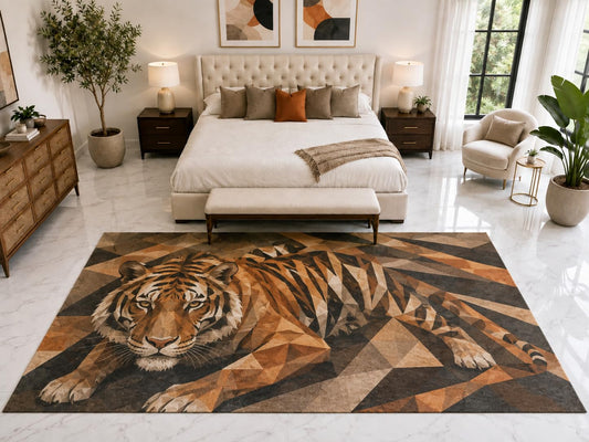 ICE ARMOR "Ultra Light Weight Large 6'7" x 9'10" Geometric Tiger Rug, Soft Low Pile Indoor Rug, Non-Slip Silicone Backing for Family Room Orange Brown