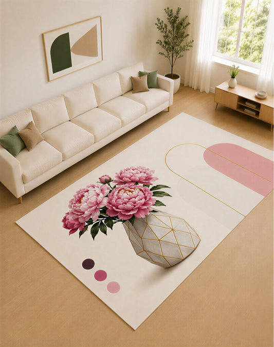 ICE ARMOR Large 6'7" x 9'10" Pink and Ivory Peony Vase Area Rug for Living Room, Soft Low Pile Carpet with Non-Slip Silicone Backing, Decor for Bedroom and Home Office
