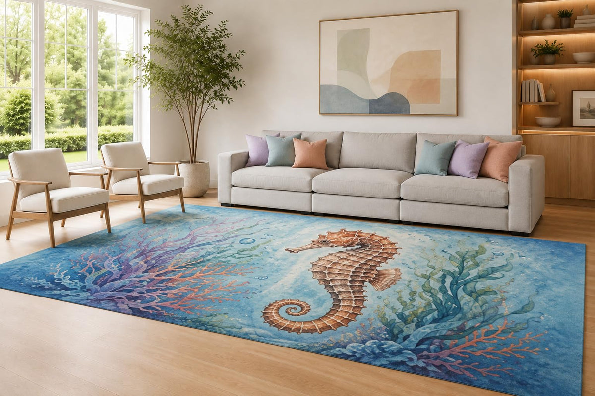 ICE ARMOR Large 6'7" x 9'10" Blue and Coral Seahorse Reef Area Rug for Living Room, Soft Low Pile Carpet with Non-Slip Silicone Backing, Decor for Bedroom Dining Room and Home Office