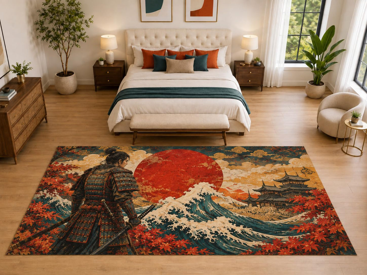 ICE ARMOR "Ultra Light Weight Large 6'7" x 9'10" Samurai Ocean Temple Rug, Soft Low Pile Indoor Rug, Non-Slip Silicone Backing for Living Room Red