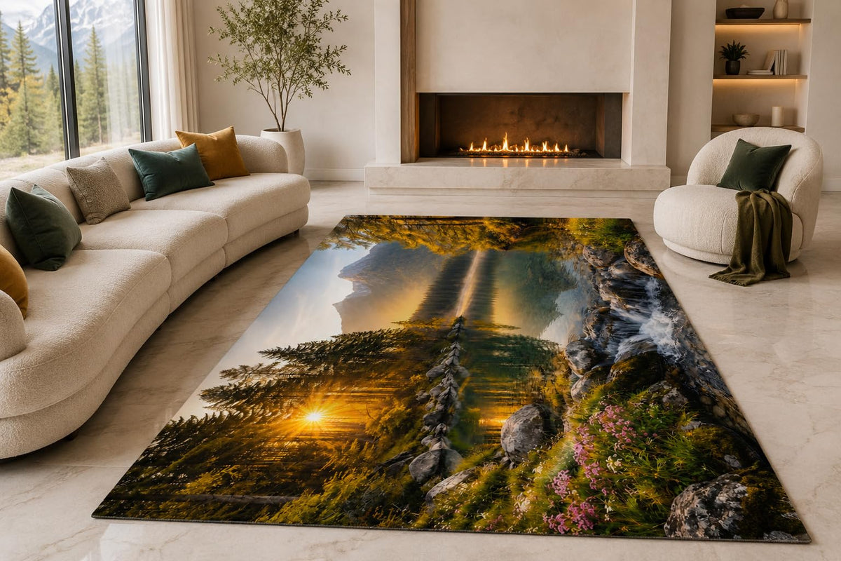ICE ARMOR "Ultra Lightweight Large 6'7" x 9'10" Sunlit Mountain Falls Area Rug for Living Room, Bedroom and Home Office, Soft Low Pile Carpet with Non-Slip Silicone Backing, Green and Amber