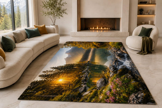 ICE ARMOR "Ultra Lightweight Large 6'7" x 9'10" Sunlit Mountain Falls Area Rug for Living Room, Bedroom and Home Office, Soft Low Pile Carpet with Non-Slip Silicone Backing, Green and Amber