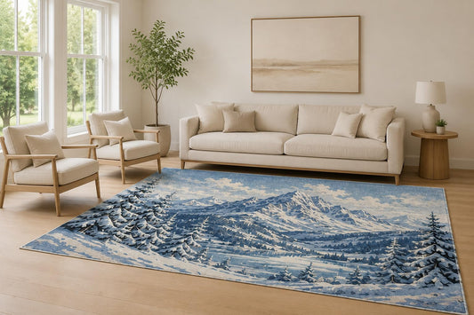 ICE ARMOR Large 6'7" x 9'10" Blue and White Winter Peaks Area Rug for Living Room, Soft Low Pile Carpet with Non-Slip Silicone Backing, Decor for Bedroom and Home Office
