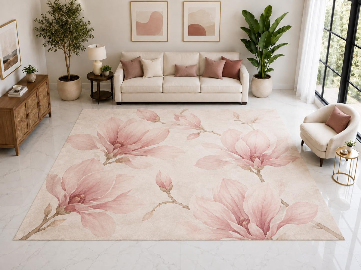 ICE ARMOR "Ultra Light Weight Large 6'7" x 9'10" Pink Peony Floral Rug, Soft Low Pile Indoor Rug, Non-Slip Silicone Backing for Living Room Pink