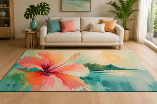 ICE ARMOR "Ultra Lightweight Large 6'7" x 9'10" Hibiscus Shore Area Rug for Living Room, Bedroom and Home Office, Soft Low Pile Carpet with Non-Slip Silicone Backing, Orange and Teal