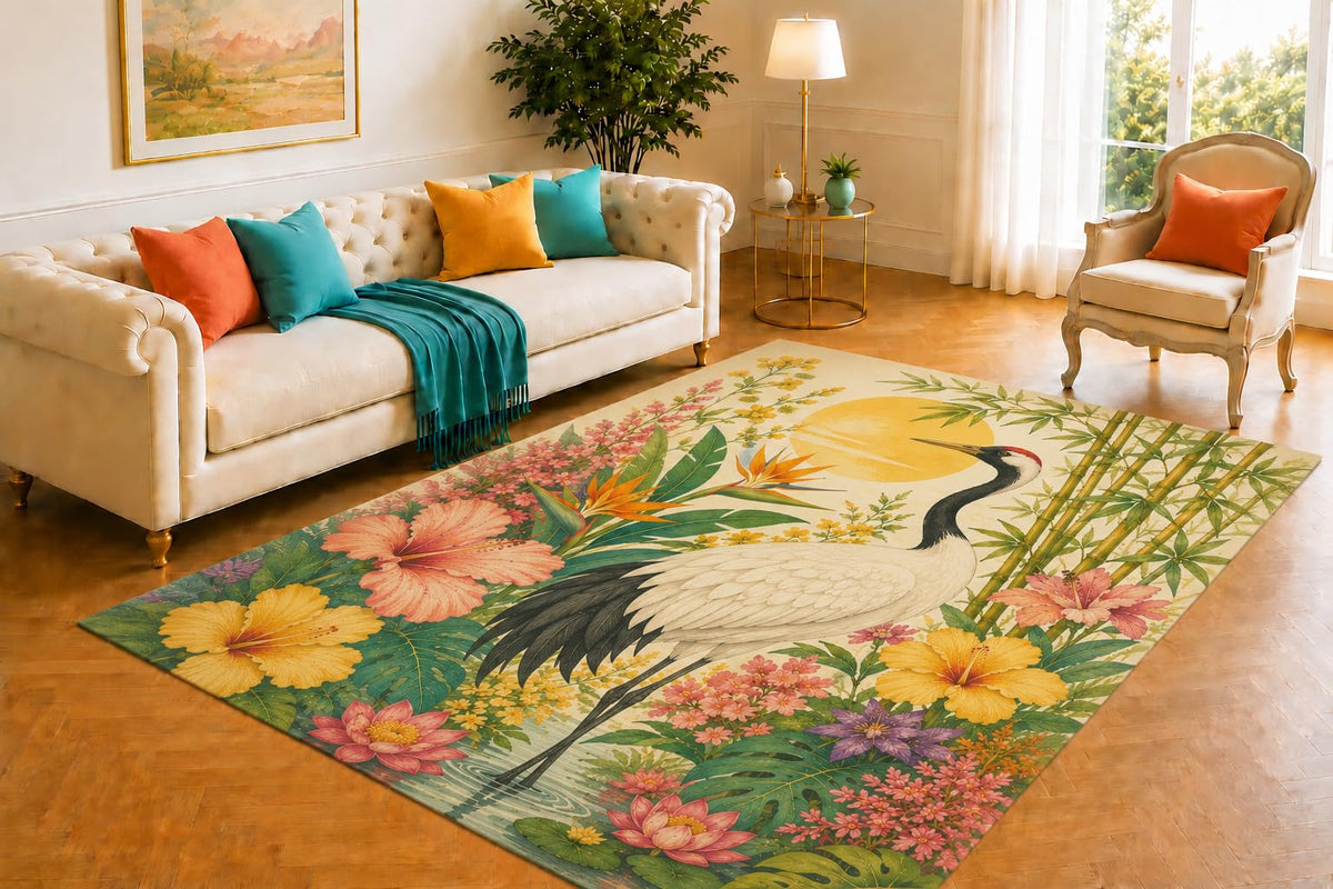 ICE ARMOR 5' x 7' Crane Garden Botanical Area Rug for Living Room, Soft Low Pile Accent Floor Cover with Non-Slip Silicone Backing for Bedroom, Dining Space, Office, Kids and Pets