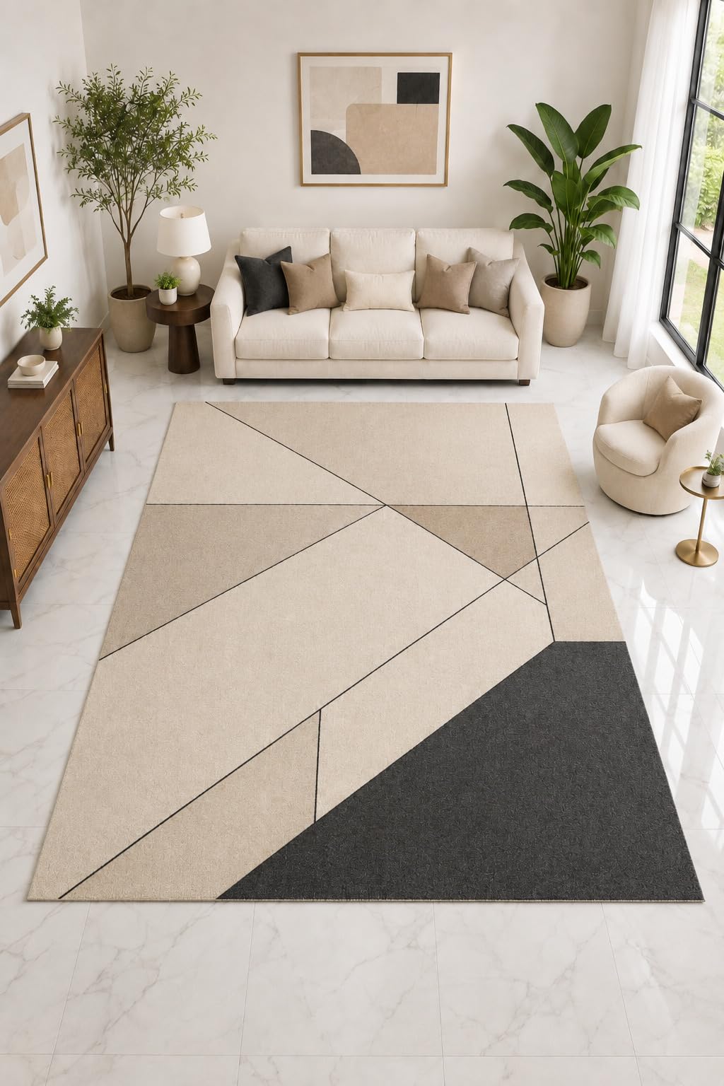 ICE ARMOR "Ultra Light Weight Large 6'7" x 9'10" Minimal Line Abstract Rug, Soft Low Pile Indoor Rug, Non-Slip Silicone Backing Living Room Beige