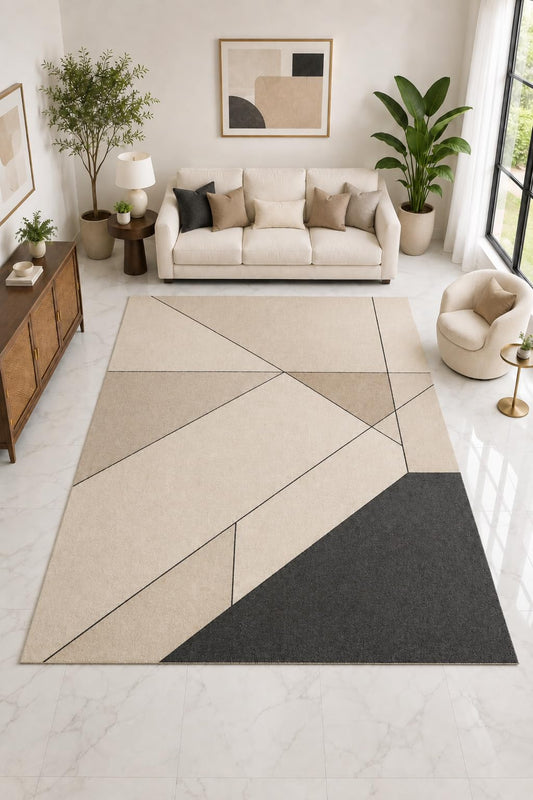 ICE ARMOR "Ultra Light Weight Large 6'7" x 9'10" Minimal Line Abstract Rug, Soft Low Pile Indoor Rug, Non-Slip Silicone Backing Living Room Beige