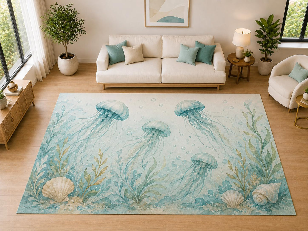 ICE ARMOR "Ultra Light Weight Large 6'7" x 9'10" Jellyfish Seashell Ocean Decor, Living Room, Bedroom, Dining Room, Office, Family Room, Soft Low Pile Indoor Rug, Non-Slip Silicone Backing, Aqua