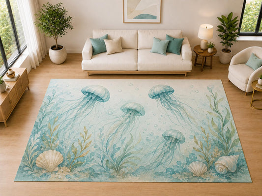 ICE ARMOR "Ultra Light Weight Large 6'7" x 9'10" Jellyfish Seashell Ocean Decor, Living Room, Bedroom, Dining Room, Office, Family Room, Soft Low Pile Indoor Rug, Non-Slip Silicone Backing, Aqua