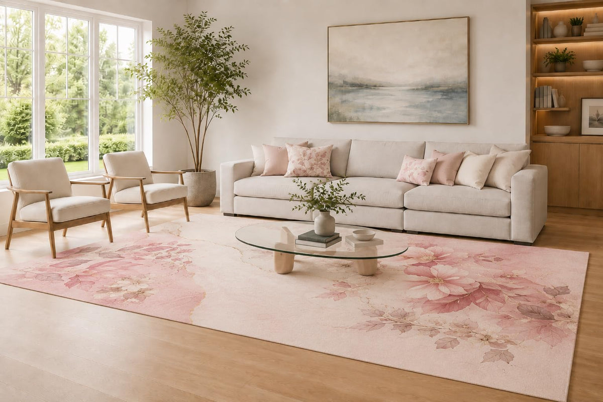ICE ARMOR Large 6'7" x 9'10" Pink and Cream Romantic Garden Blossoms Area Rug for Living Room, Soft Low Pile Carpet with Non-Slip Silicone Backing, Decor for Bedroom and Home Office