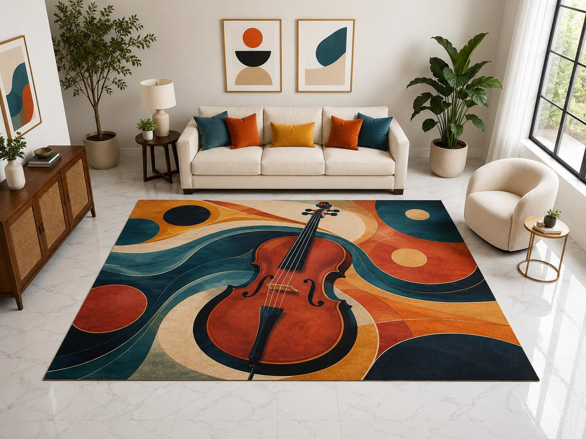 ICE ARMOR "Ultra Light Weight Large 6'7" x 9'10" Violin Wave Art Rug, Soft Low Pile Indoor Rug, Non-Slip Silicone Backing for Living Room Teal