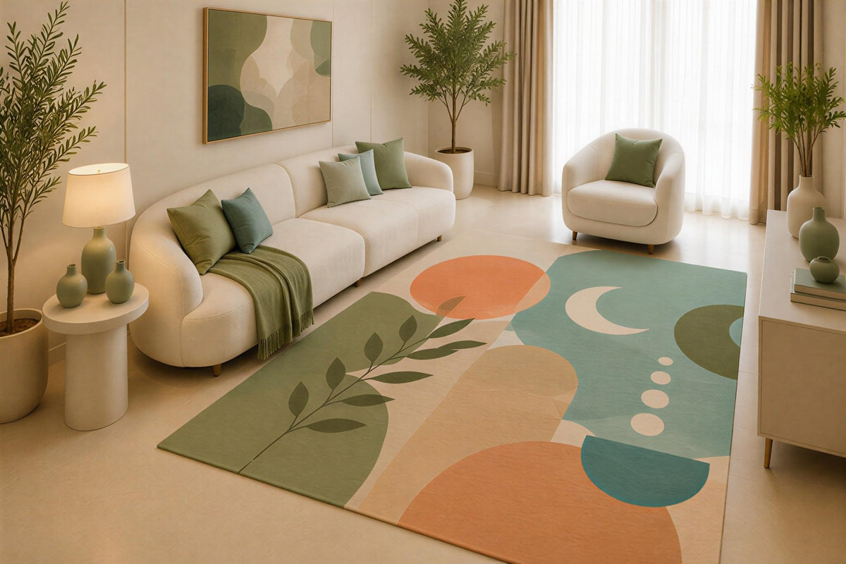 ICE ARMOR 5' x 7' Mid Century Modern Area Rug, Sage Green Terracotta Abstract Geometric Design for Living Room Bedroom Office, Non-Slip Silicone Backing, Low Pile Carpet