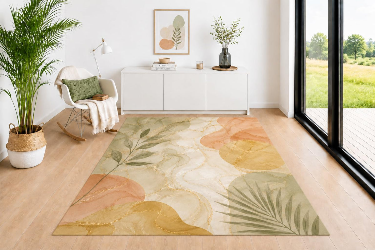 ICE ARMOR 5' x 7' Marble Area Rug, Leaf Design in Sage Green Mustard Terracotta Beige with Elegant Veining, Neutral Floor Carpet for Living Room Bedroom Office Decor