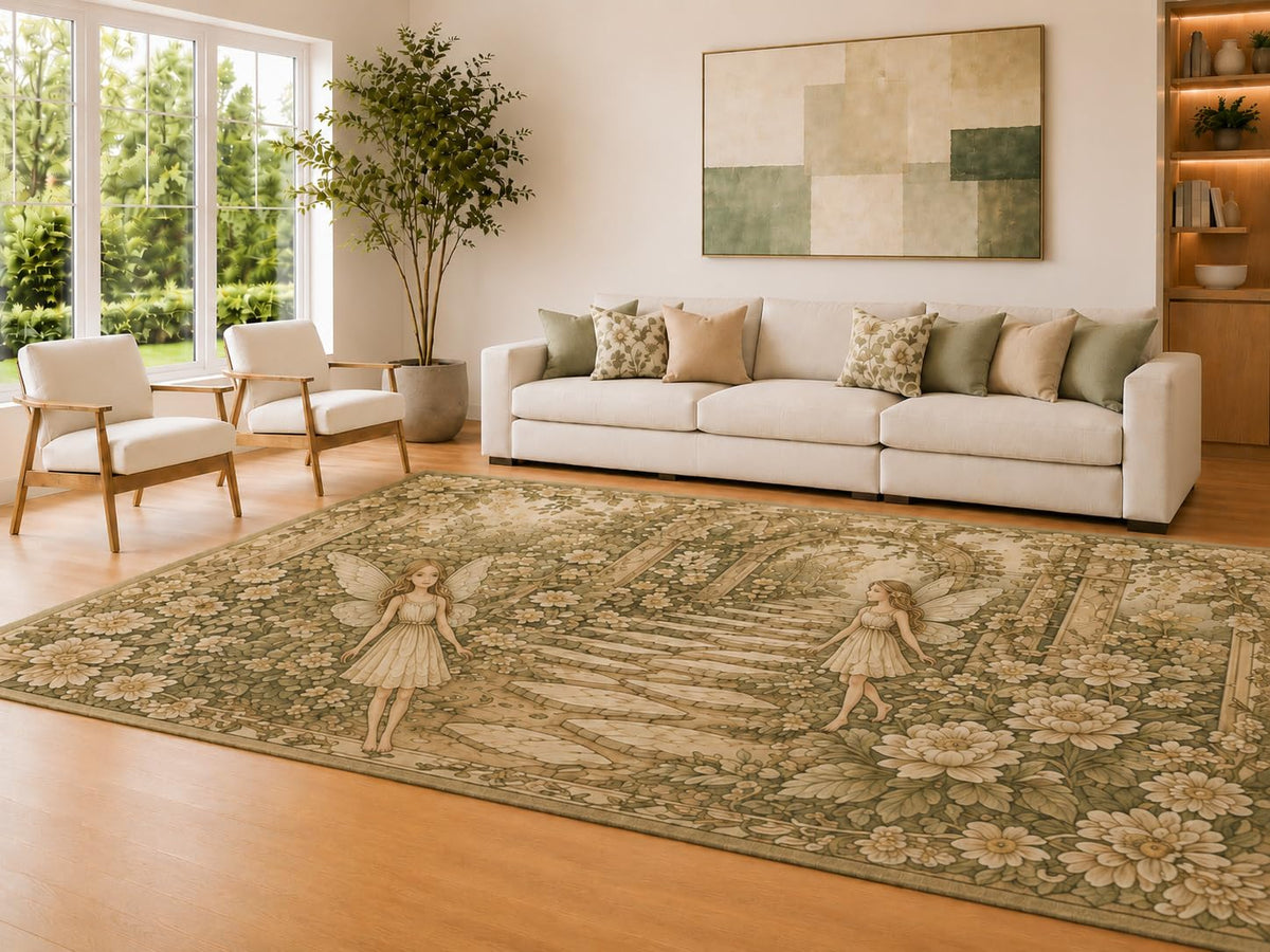 ICE ARMOR Large 6'7" x 9'10" Sage Green and Beige Fairy Garden Area Rug for Living Room, Soft Low Pile Carpet with Non-Slip Silicone Backing, Decor for Bedroom and Home Office
