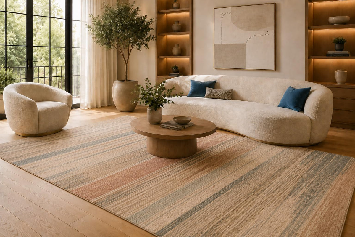 ICE ARMOR 6'7" x 9'10" Blue and Pink Brushed Stripe Area Rug for Living Room, Soft Low Pile Carpet with Non-Slip Silicone Backing, Floor Decor for Bedroom, Dining Area and Home Office