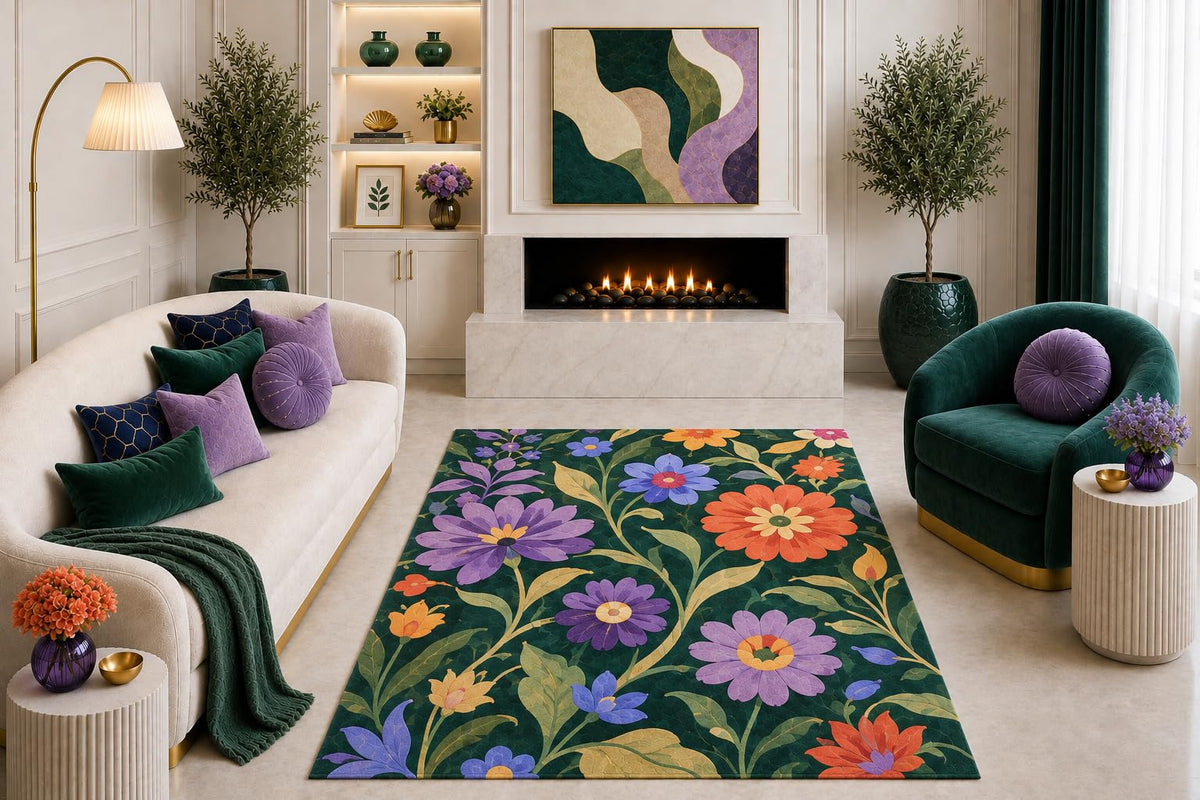 ICE ARMOR "Ultra Light Weight 5' x 7' Dark Green Floral Area Rug Colorful Botanical Garden Pattern Boho Living Room Bedroom Dining Room Non-Slip Silicone Backing Low Pile