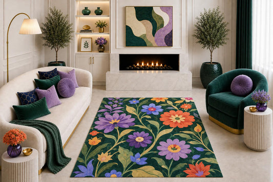ICE ARMOR "Ultra Light Weight 5' x 7' Dark Green Floral Area Rug Colorful Botanical Garden Pattern Boho Living Room Bedroom Dining Room Non-Slip Silicone Backing Low Pile