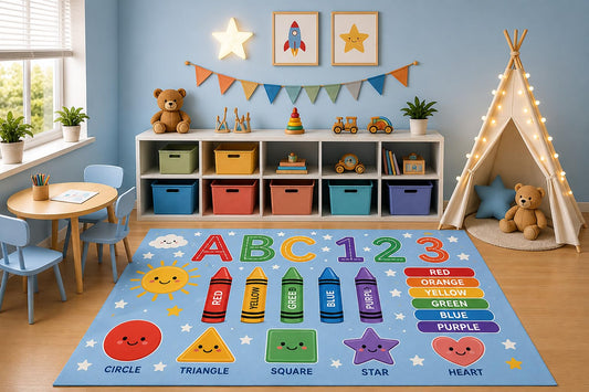 ICE ARMOR 5' x 7' ABC Numbers Colors Shapes Area Rug for Kids Playroom Nursery Bedroom, Educational Crayons Preschool Learning Classroom Cartoon Decor, Non-Slip Silicone Backing Low Pile
