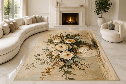 ICE ARMOR "Ultra Lightweight Large 6'7" x 9'10" White Rose Bouquet Area Rug for Living Room, Bedroom and Home Office, Soft Low Pile Carpet with Non-Slip Silicone Backing, Cream and Sage