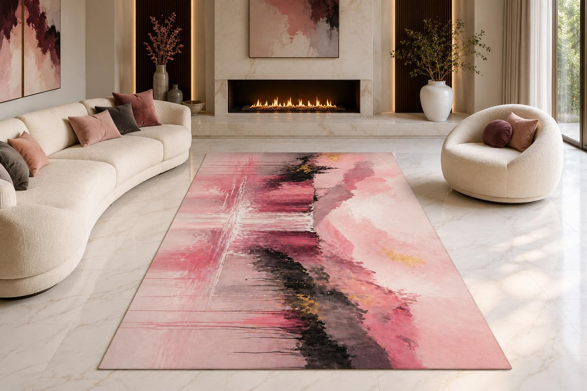 ICE ARMOR "Ultra Lightweight Large 6'7" x 9'10" Alpine Reflection Area Rug for Living Room, Bedroom and Home Office, Soft Low Pile Carpet with Non-Slip Silicone Backing, Pink and Black