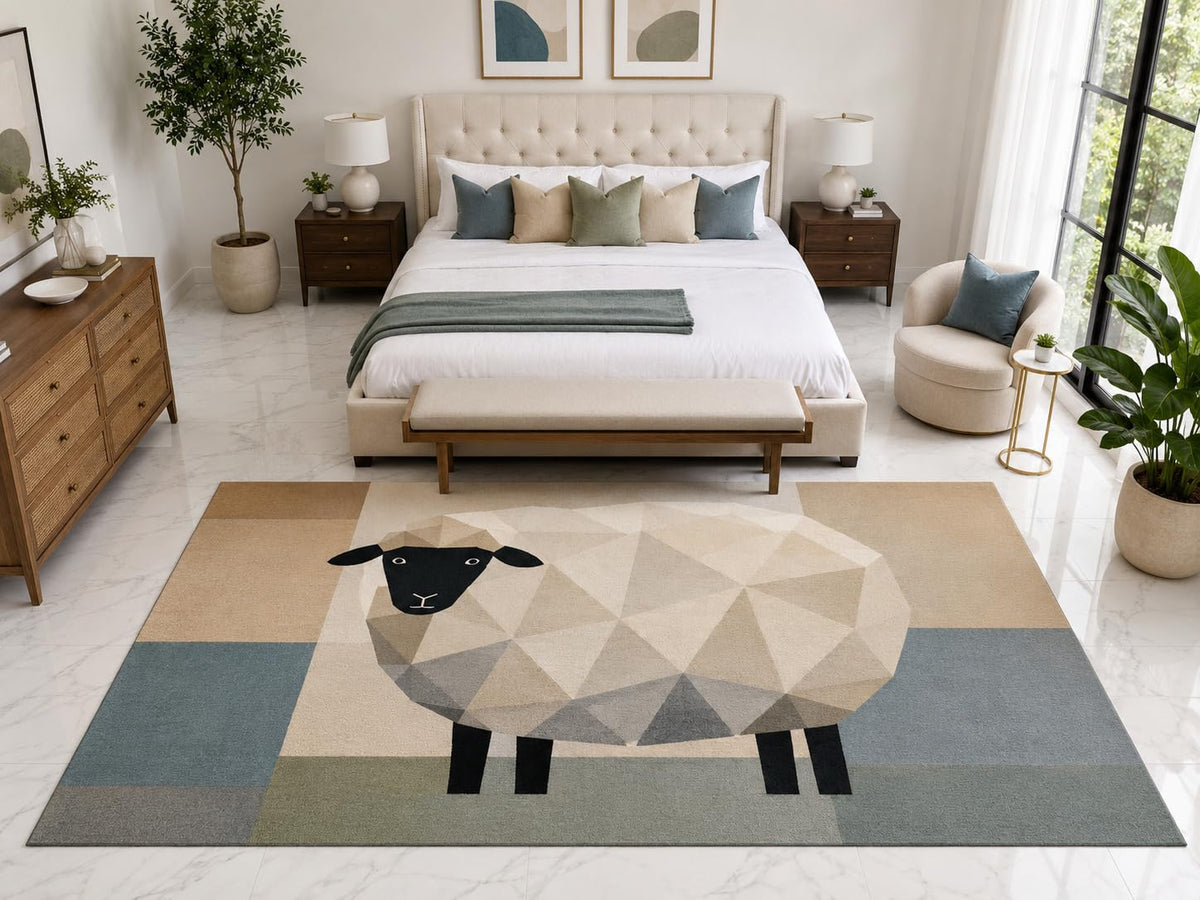 ICE ARMOR "Ultra Light Weight Large 6'7" x 9'10" Geometric Sheep Rug, Soft Low Pile Indoor Rug, Non-Slip Silicone Backing for Kids Room Beige Gray