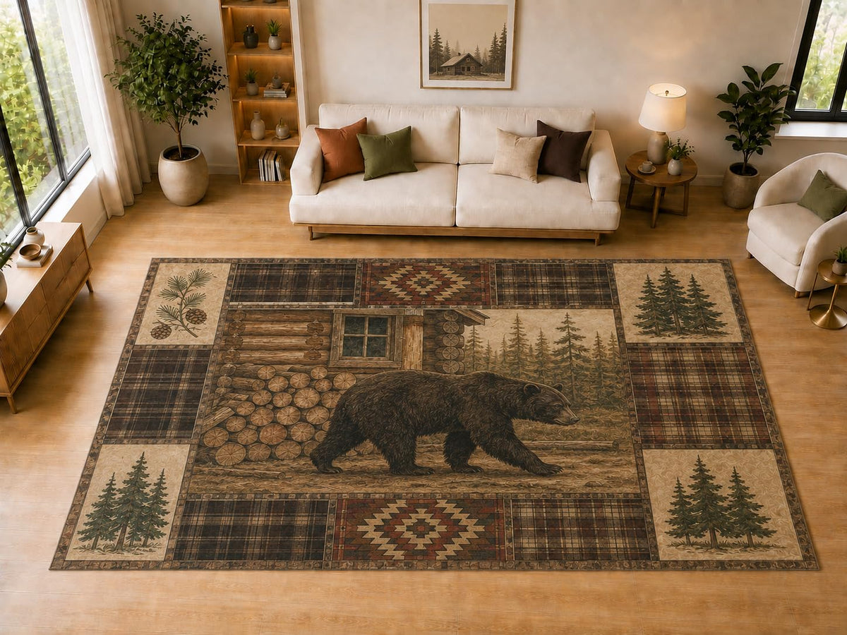 ICE ARMOR "Ultra Light Weight Large 6'7" x 9'10" Bear Cabin, Living Room, Bedroom, Dining Room, Office, Family Room, Soft Low Pile Indoor Rug, Non-Slip Silicone Backing, Brown
