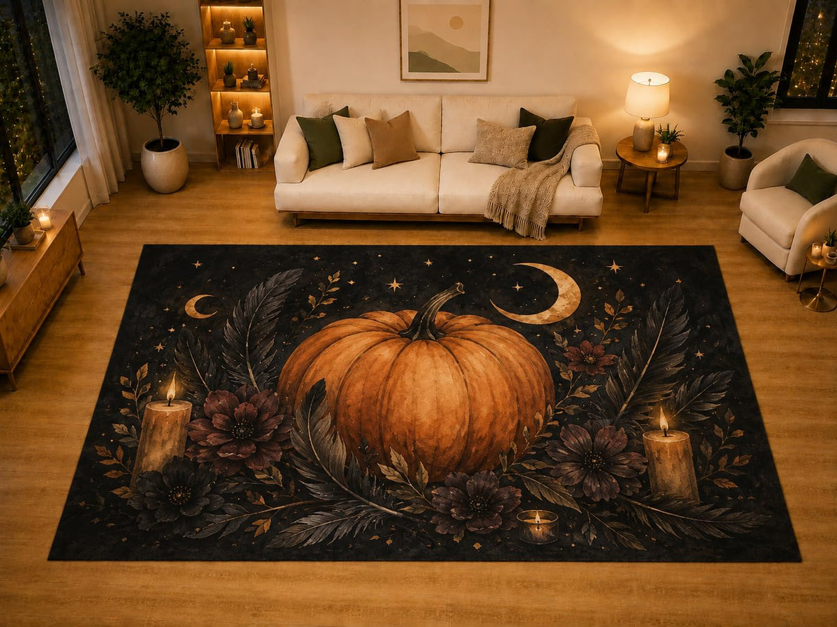 ICE ARMOR "Ultra Light Weight Large 6'7" x 9'10" Pumpkin Crescent Moon Candle Flower Area Rug for Living Room Bedroom, Soft Low Pile Non-Slip Backing, Black Orange Gothic Autumn Decor
