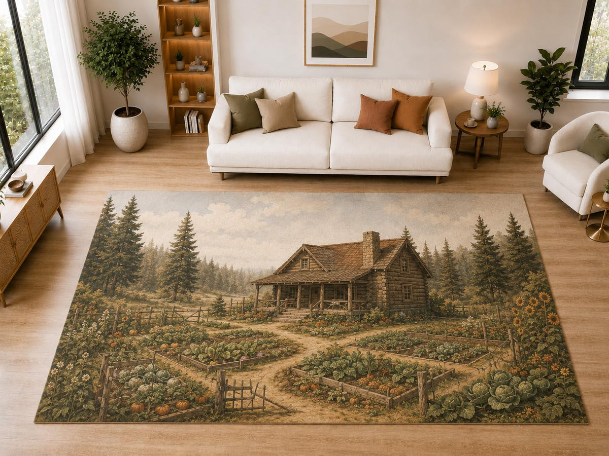 ICE ARMOR "Ultra Light Weight Large 6'7" x 9'10" Log Cabin Garden Area Rug for Dining, Living Room, Bedroom, Soft Low Pile Indoor Rug with Non-Slip Silicone Backing, Brown Green