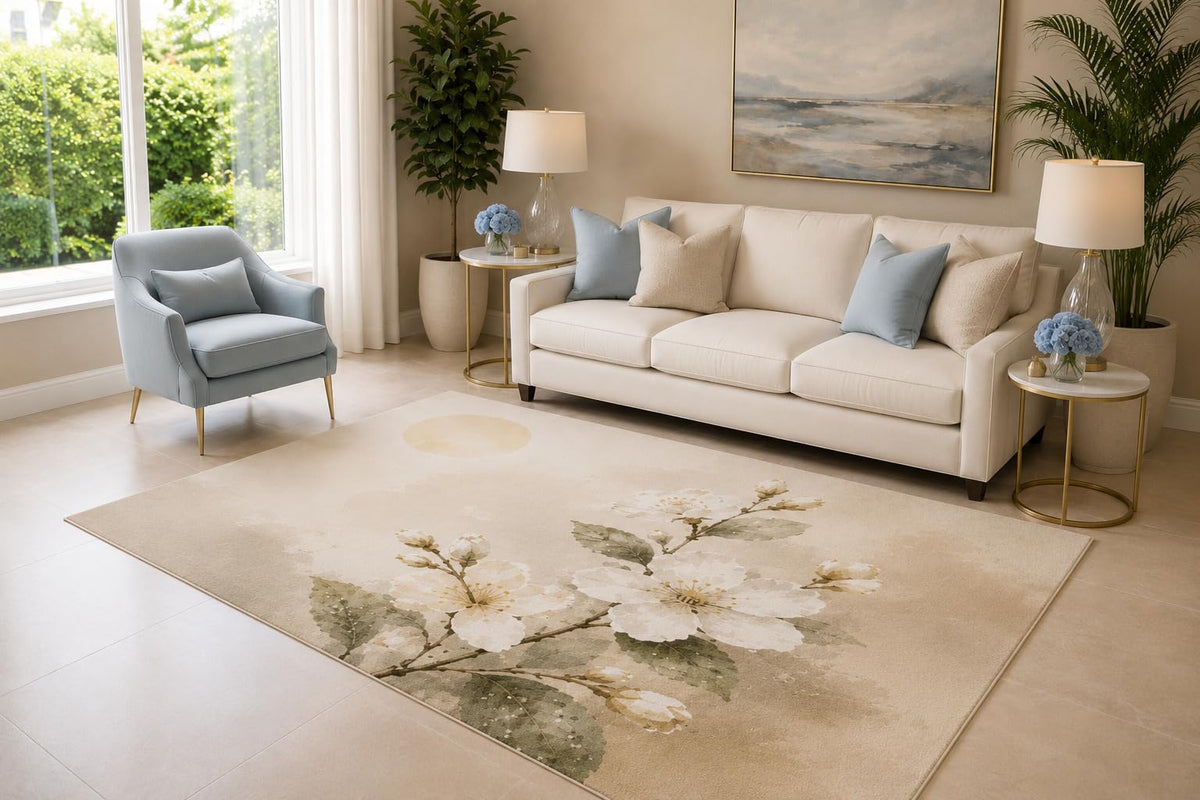 ICE ARMOR 6'7" x 9'10" White Blossom Area Rug for Living Room, Soft Low Pile Indoor Rug with Non-Slip Silicone Backing, Decorative Floor Carpet for Bedroom, Dining Room and Home Office, Beige