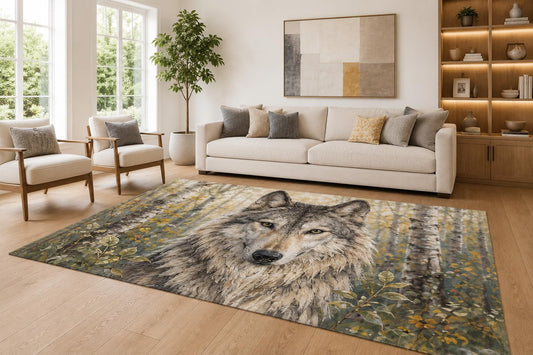 ICE ARMOR Large 6'7" x 9'10" Gray and Golden Color Forest Wolf Area Rug for Living Room, Soft Low Pile Carpet with Non-Slip Silicone Backing, Decor for Bedroom and Home Office