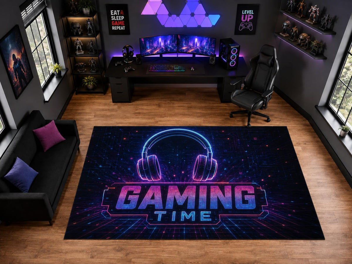 ICE ARMOR "Ultra Light Weight Large 6'7" x 9'10" Gaming Time Headset Neon Area Rug for Playroom Decor, Soft Low Pile Indoor Rug with Non-Slip Silicone Backing, Black Blue Pink