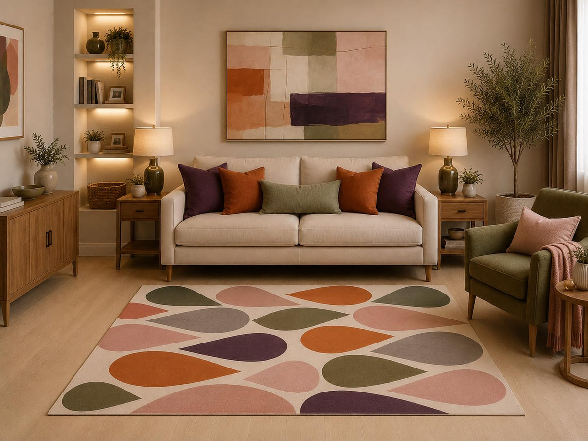 ICE ARMOR "Ultra Light Weight 5' x 7' Mid Century Modern Teardrop Area Rug Terracotta Pink Olive Plum Abstract Pattern for Living Room Bedroom Dining Room Non-Slip Silicone Backing Low Pile