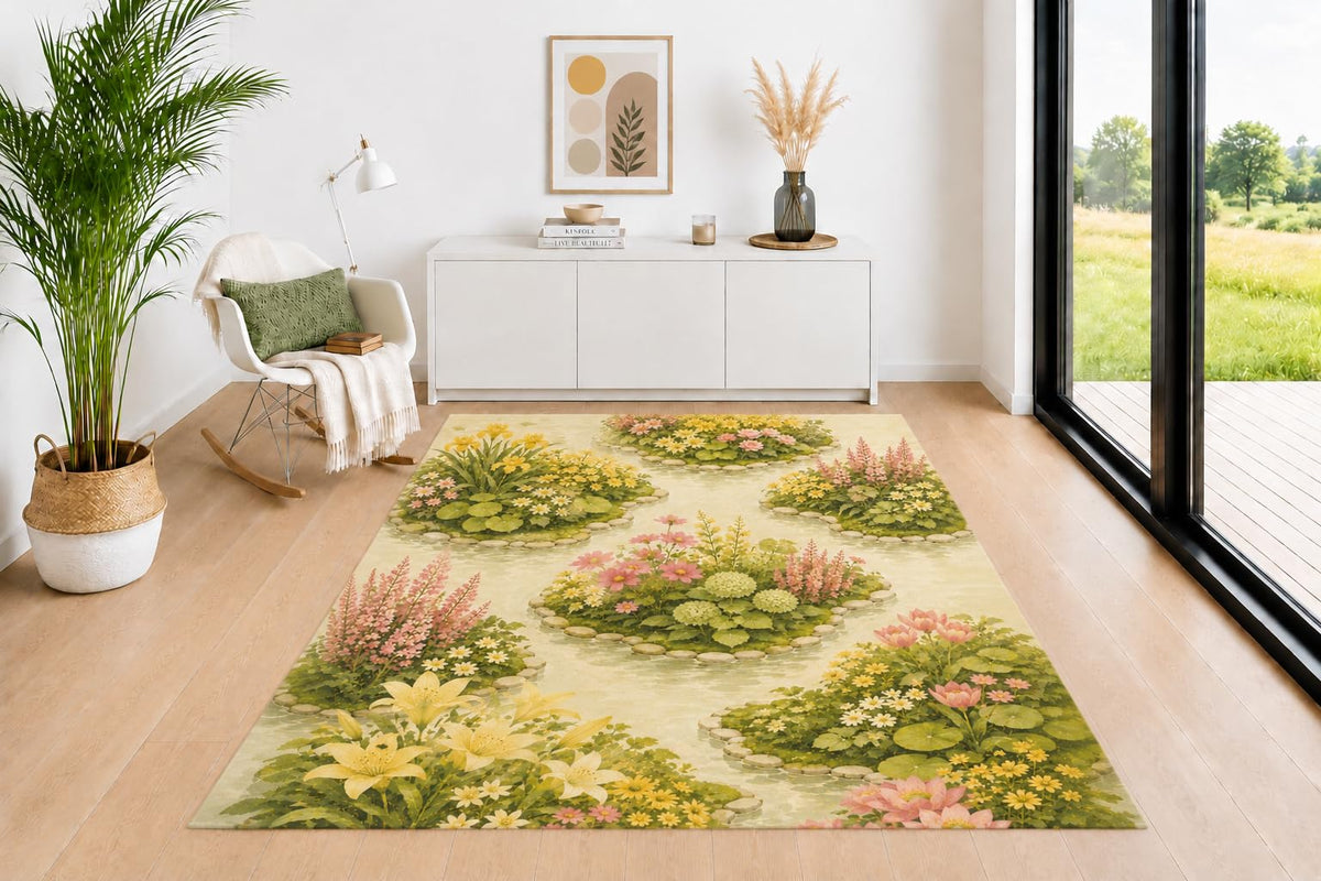ICE ARMOR 5' x 7' Floating Garden Islands Area Rug for Living Room, Soft Low Pile Indoor Rug with Non-Slip Backing, Floral Carpet for Bedroom, Dining Room, Office, Green Pink