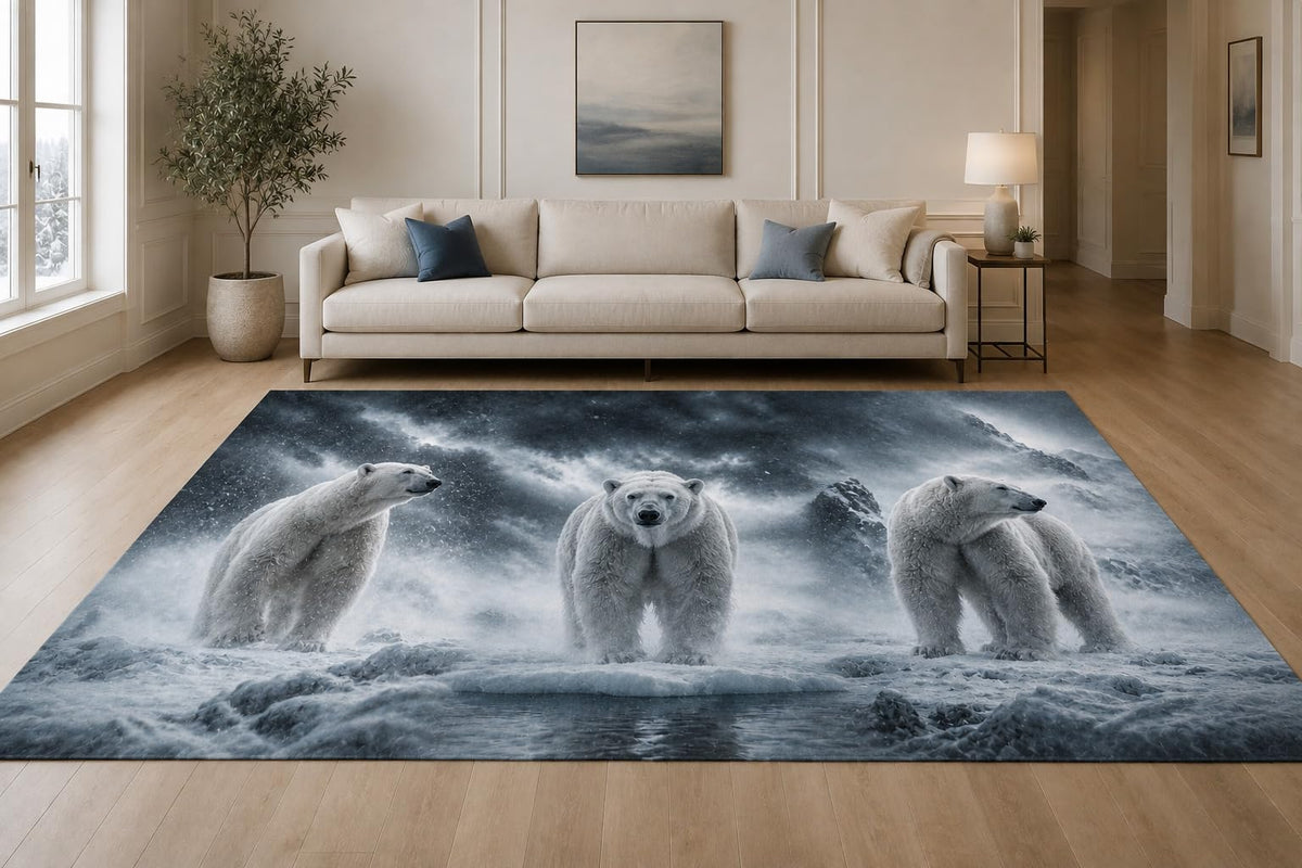 ICE ARMOR "Ultra Lightweight Large 6'7" x 9'10" Arctic Bear Storm Area Rug for Living Room, Bedroom and Home Office, Soft Low Pile Carpet with Non-Slip Silicone Backing, White and Blue