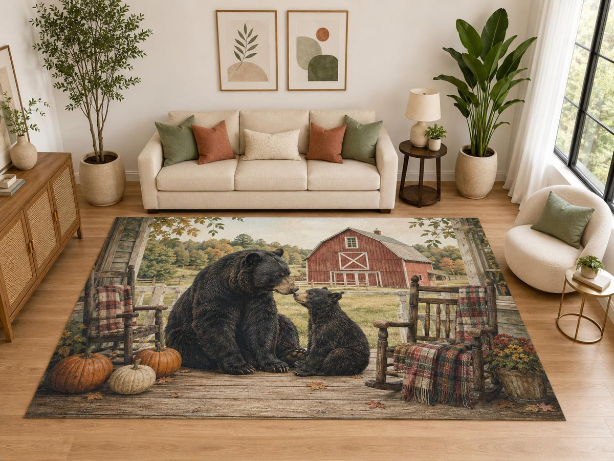 ICE ARMOR "Ultra Light Weight Large 6'7" x 9'10" Bear and Cub Barn Area Rug, Soft Low Pile Indoor Rug, Non-Slip Silicone Backing, Living Room, Brown