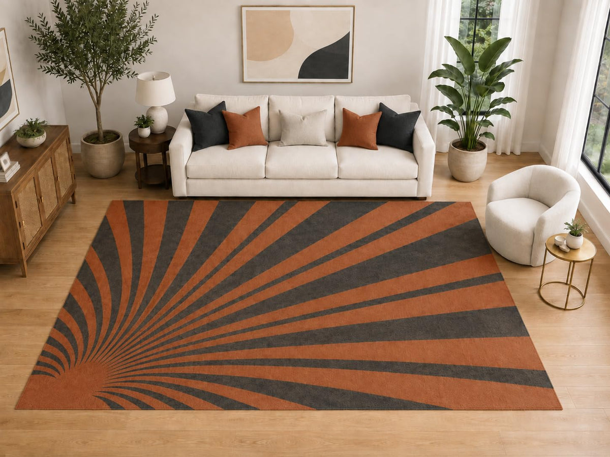 ICE ARMOR Large 6'7" x 9'10" Retro Radiating Sunburst Area Rug for for Bedroom, Living Room, Soft Low Pile Indoor Rug with Non-Slip Silicone Backing, Rust Charcoal