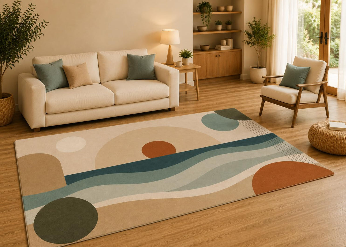 ICE ARMOR 5' x 7' Abstract Coastal Geometric Area Rug with Non-Slip Silicone Backing Low Pile Soft Carpet for Living Room Bedroom Blue Beige Decor