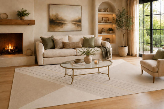 ICE ARMOR Large 6'7" x 9'10" Beige and Cream Angled Linear Panels Area Rug for Living Room, Soft Low Pile Carpet with Non-Slip Backing for Bedroom, Dining Room and Office