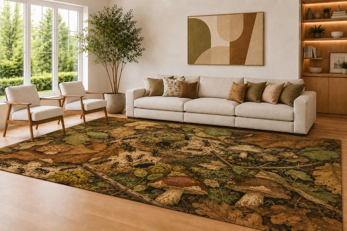 ICE ARMOR Large 6'7" x 9'10" Brown and Olive Woodland Mushrooms Accent Area Rug for Living Room, Soft Low Pile Carpet with Non-Slip Silicone Backing, Decor for Bedroom and Home Office