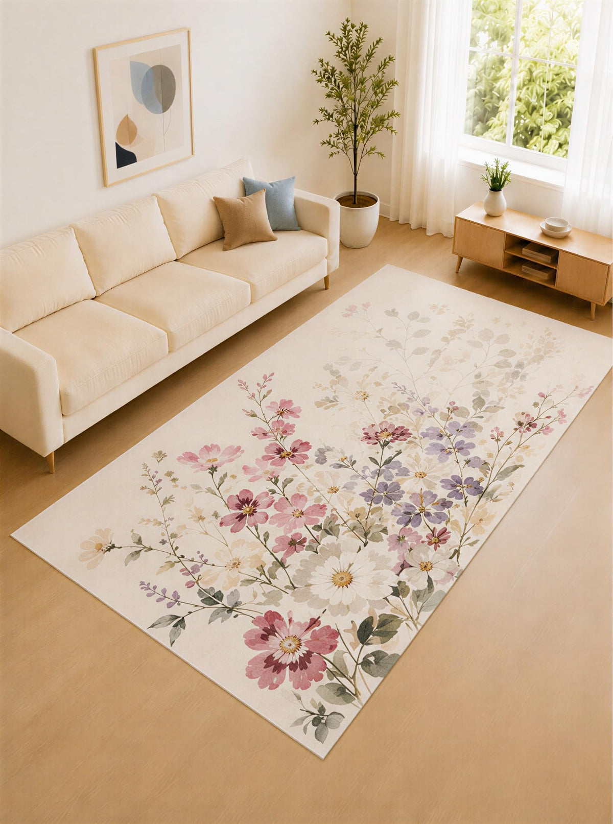 ICE ARMOR Large 6'7" x 9'10" Pastel Pink and Lavender Wildflower Meadow Area Rug for Living Room, Soft Low Pile Carpet with Non-Slip Silicone Backing, Decor for Bedroom and Home Office