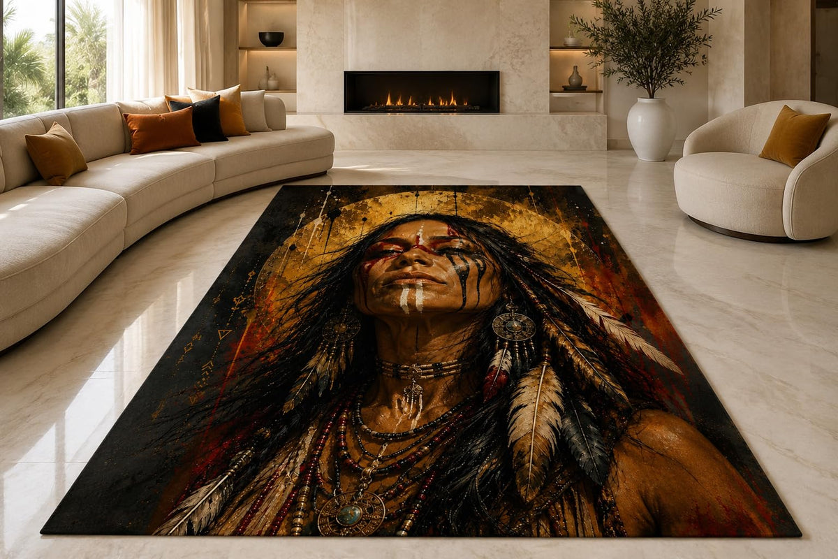 ICE ARMOR "Ultra Lightweight Large 6'7" x 9'10" Native American Woman Area Rug for Living Room, Bedroom and Home Office, Soft Low Pile Carpet with Non-Slip Silicone Backing, Brown and Black
