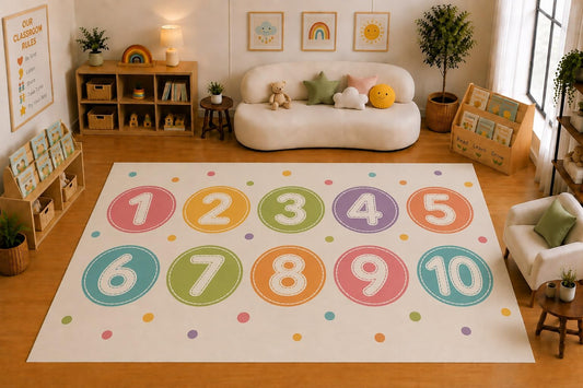 ICE ARMOR Large 6'7" x 9'10" Numbers 1 to 10 Circle Learning Area Rug for for Kids Room, Classroom, Bedroom, Playroom Decor, Soft Low Pile Indoor Rug with Non-Slip Silicone Backing, Pastel Cream