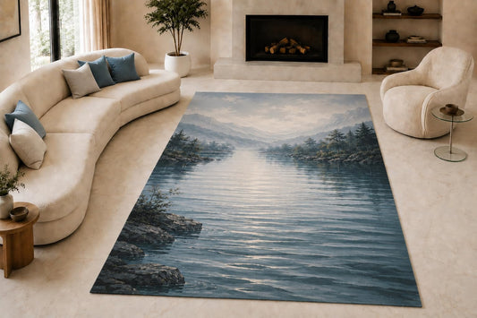 ICE ARMOR "Ultra Lightweight Large 6'7" x 9'10" Serene Mountain Lake Area Rug for Living Room, Bedroom and Home Office, Soft Low Pile Carpet with Non-Slip Silicone Backing, Blue and Cream