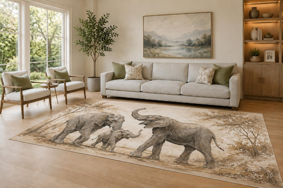 ICE ARMOR Large 6'7" x 9'10" Taupe and Cream Elephant Family Area Rug for Living Room, Soft Low Pile Carpet with Non-Slip Silicone Backing, Decor for Bedroom and Home Office