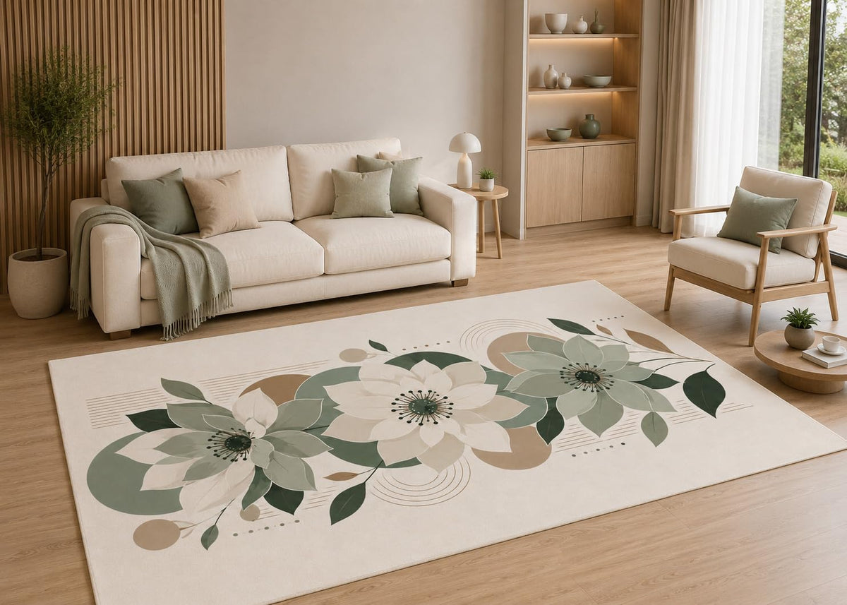 ICE ARMOR 5' x 7' Sage Green Floral Area Rug with Non-Slip Silicone Backing Low Pile Soft Carpet for Living Room Bedroom Dining Room Modern Botanical Flower Decor