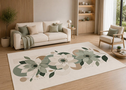 ICE ARMOR 5' x 7' Sage Green Floral Area Rug with Non-Slip Silicone Backing Low Pile Soft Carpet for Living Room Bedroom Dining Room Modern Botanical Flower Decor